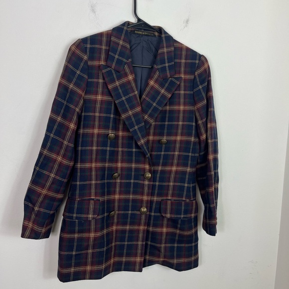 Vintage Marks & Spencer Navy Plaid Double Breasted Wool Jacket Sz 6P - Picture 4 of 13
